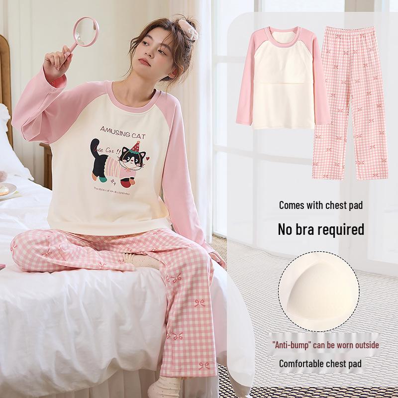 

Женский хлопковый мультяшный комплект из двух предметов с длинным рукавом на 2025 год с нагрудными вкладышами - Милая весенне-осенняя зимняя домашняя одежда L