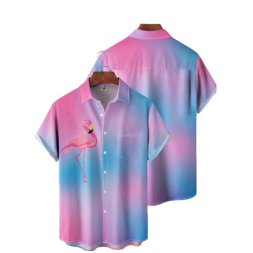 European And American Men'S Short-Sleeved Shirt 3D Printing Casual Simple Lapel Shirt