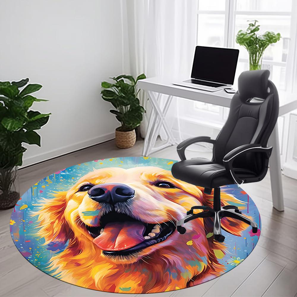 1PC Golden Retriever Artwork Office Round Area Rug, Mat Suitable ForOffice, Under Office Chairs Bedroom Living Room Home Decor, Room Deco