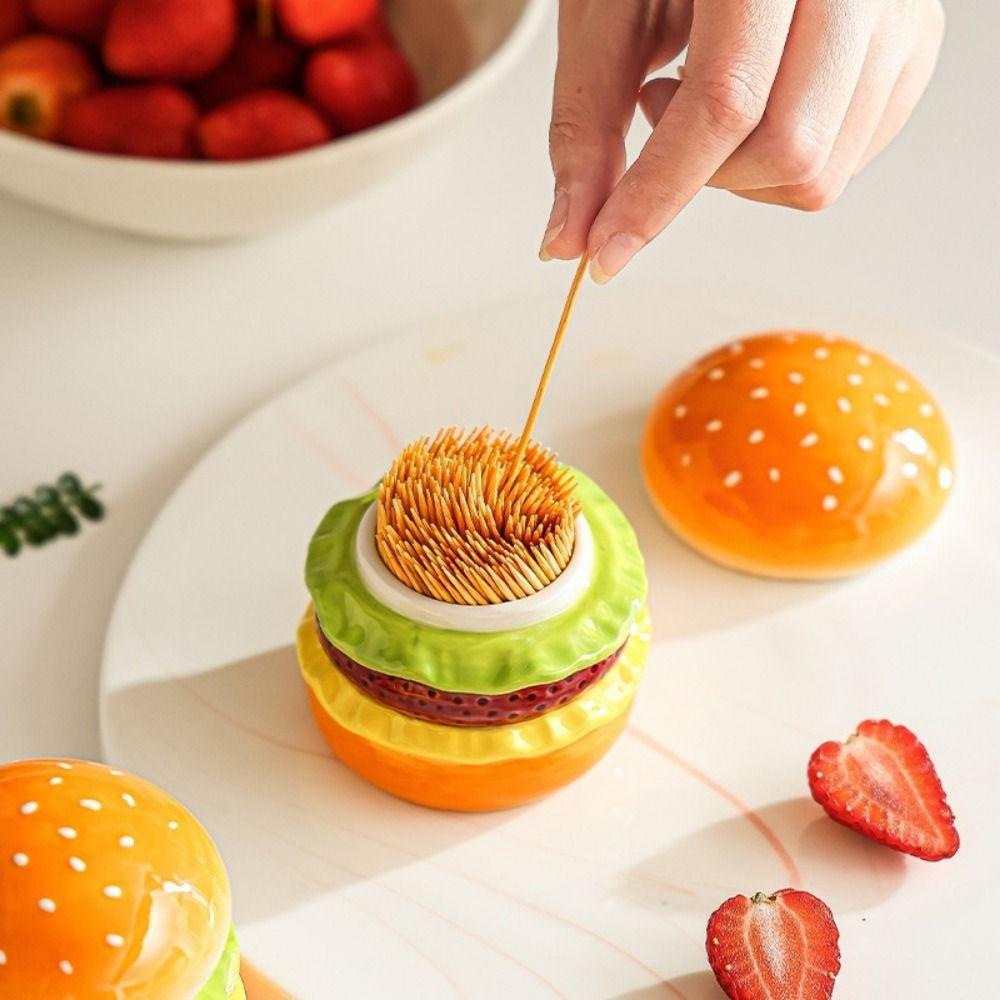 Ceramic Hamburger Toothpick Holder Dust-proof Dental Floss Box Funny Toothpick Jar Office