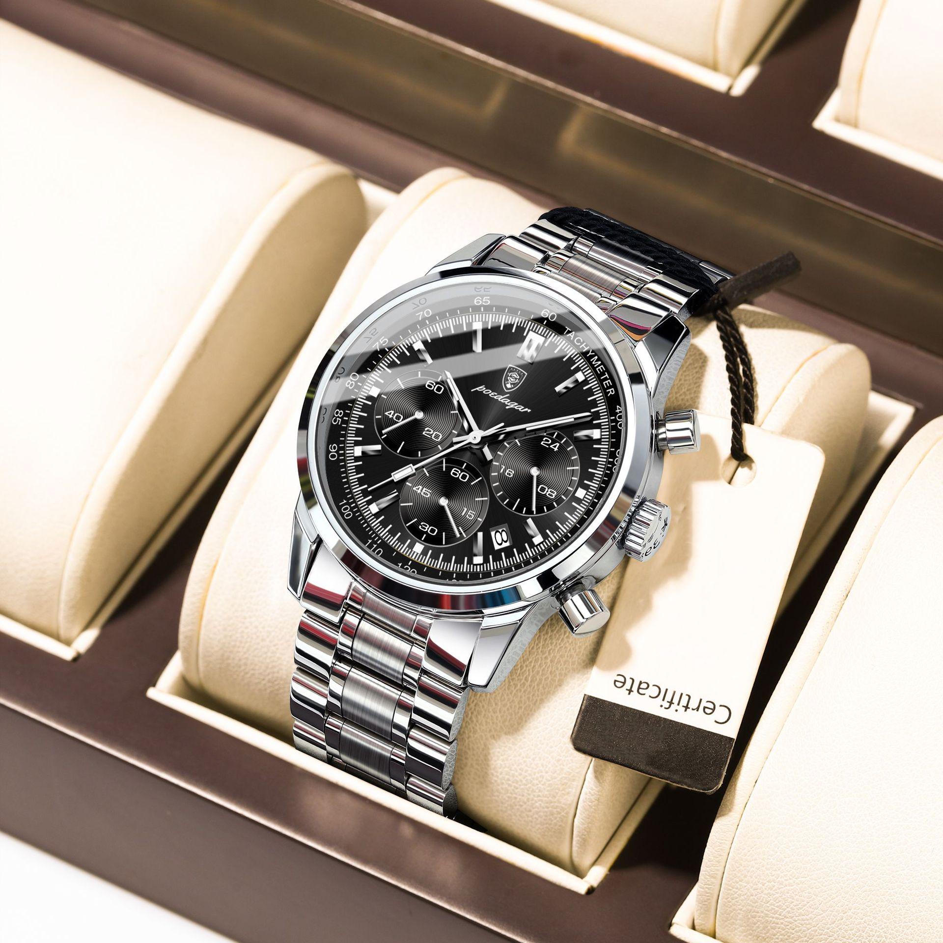 

Роскошные новые мужские часы с ремешком из нержавеющей стали, многофункциональные кварцевые наручные часы с хронографом