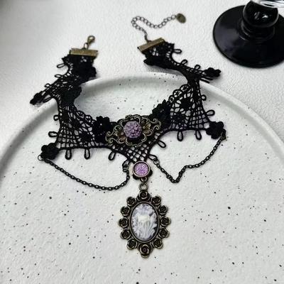 Vintage Purple Flower Chain Tassel Pendant Black Lace Choker Necklace For Women Girls Charm Party Lolita Gothic Y2K Neck Jewelry