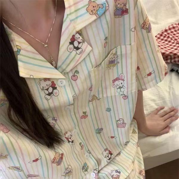 

Rainbow Striped Kitty Cat Pajamas Women s Summer Short Sleeve Shorts ins Wind Suit Beautiful Girl Loungewear Two-piece Set s [recommended weight 35-40kg]