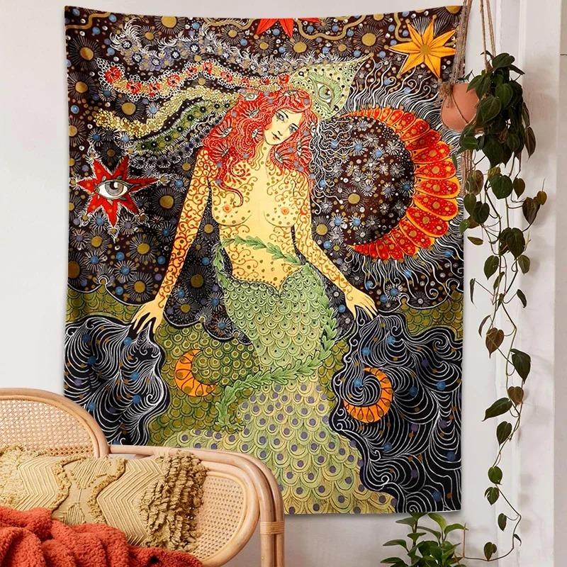 Mermaid Tapestry Fantasy Wall Hanging Boho Ocean Goddess Art with Evil Eye Mandala for Bedroom Bathroom 100X70CM