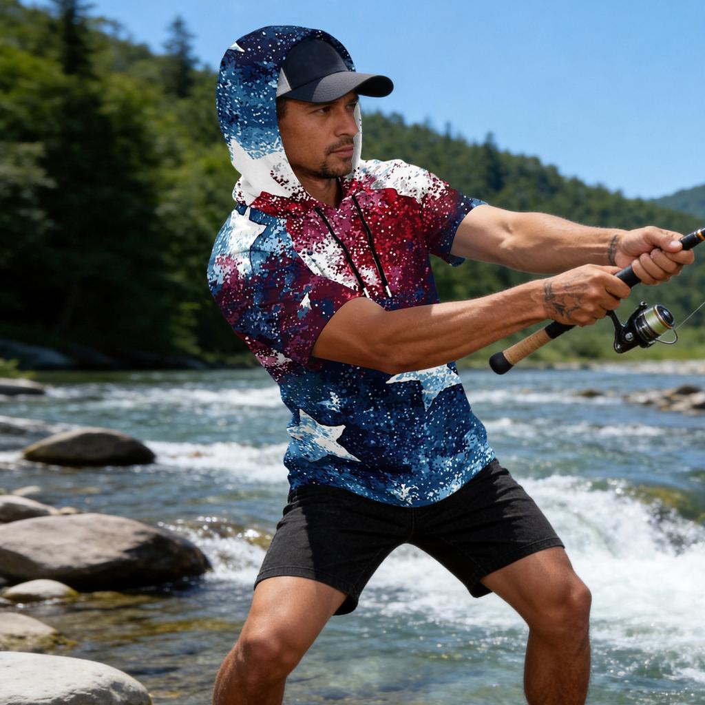 Men's Raglan Sleeve Casual Sport Hoodie Short Sleeve Lightweight Fishing Sun Protection Shirt with Hooded Design