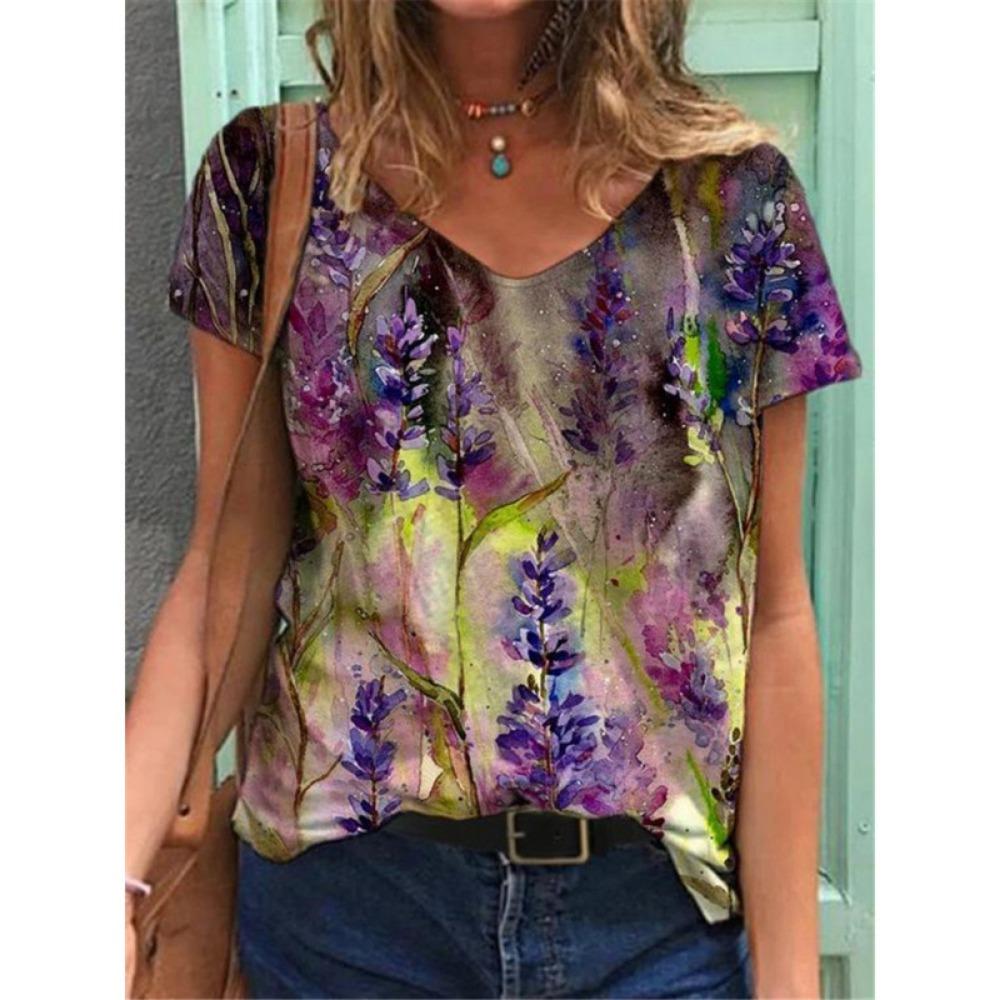Summer Fashion 3D Floral Print Women's Loose V-neck Short Sleeved T-shirt