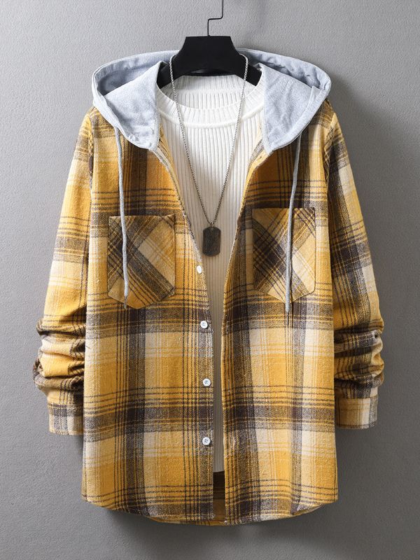 Vår och Höst Herr Casual Långärmad Rutig Huvtröja Herr Trend Mode Lös Skjorta Jacka