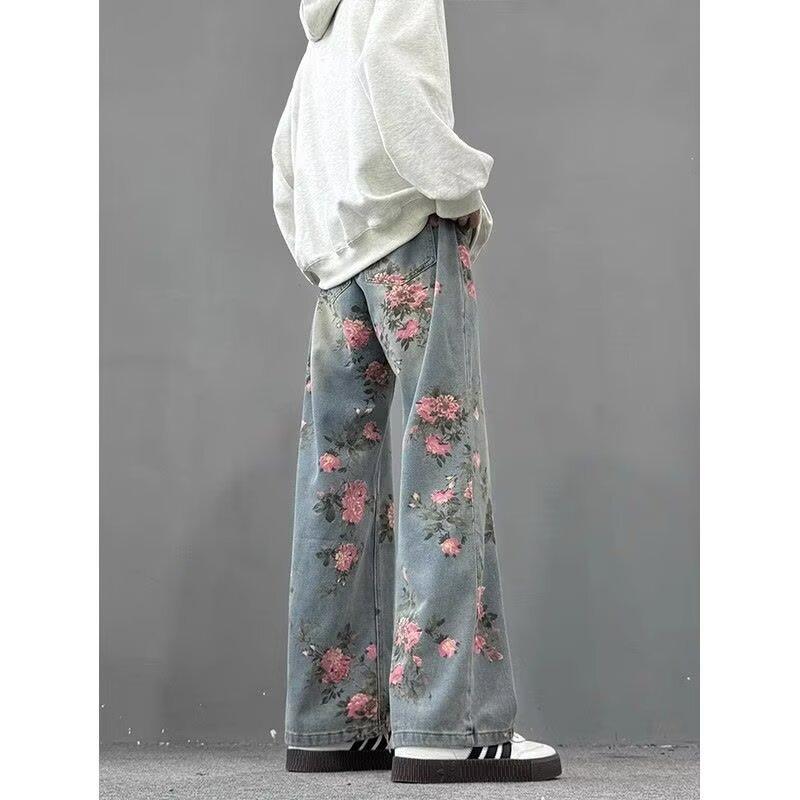 Spring And Summer Personalized Trend Loose Straight Leg Printed Jeans For Men