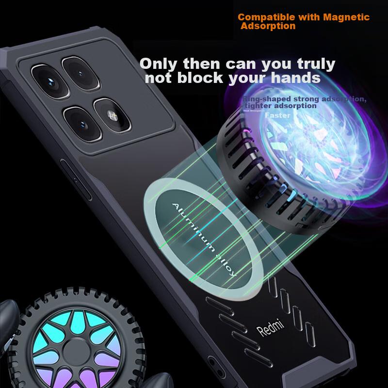 Heat Dissipation Phone Case for Xiaomi Redmi K70 Pro, Full Lens Protection, Shockproof, Corners, Transparent, Metal Magnetic Cooling Fans, Black