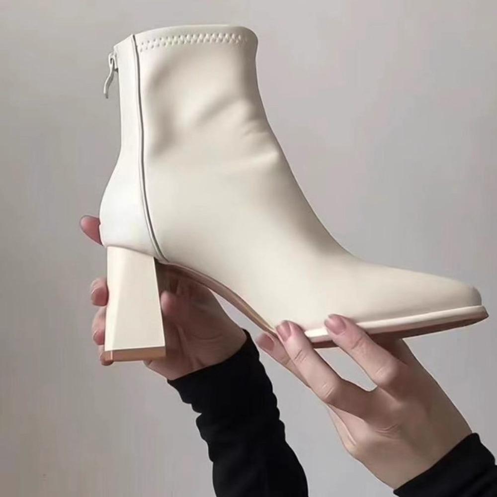 Women's Off-White Short Boots Autumn Winter New Style - 7CM High Heel French Temperament Slim Boots, Versatile Stylish Footwear XCY-909