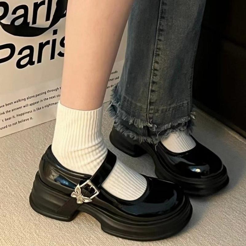 Franske Mary Jane-sko med høye hæler for kvinner, Retro, Enspennelukning, Allsidig sløyfe, Tykksålede, Chunky-hælede skinnsko