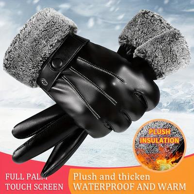 Winter Warm Fur Plush Gloves for Men Women, PU Leather Driving Gloves Windproof Non-Slip Thermal Cycling Motorcycle Gloves