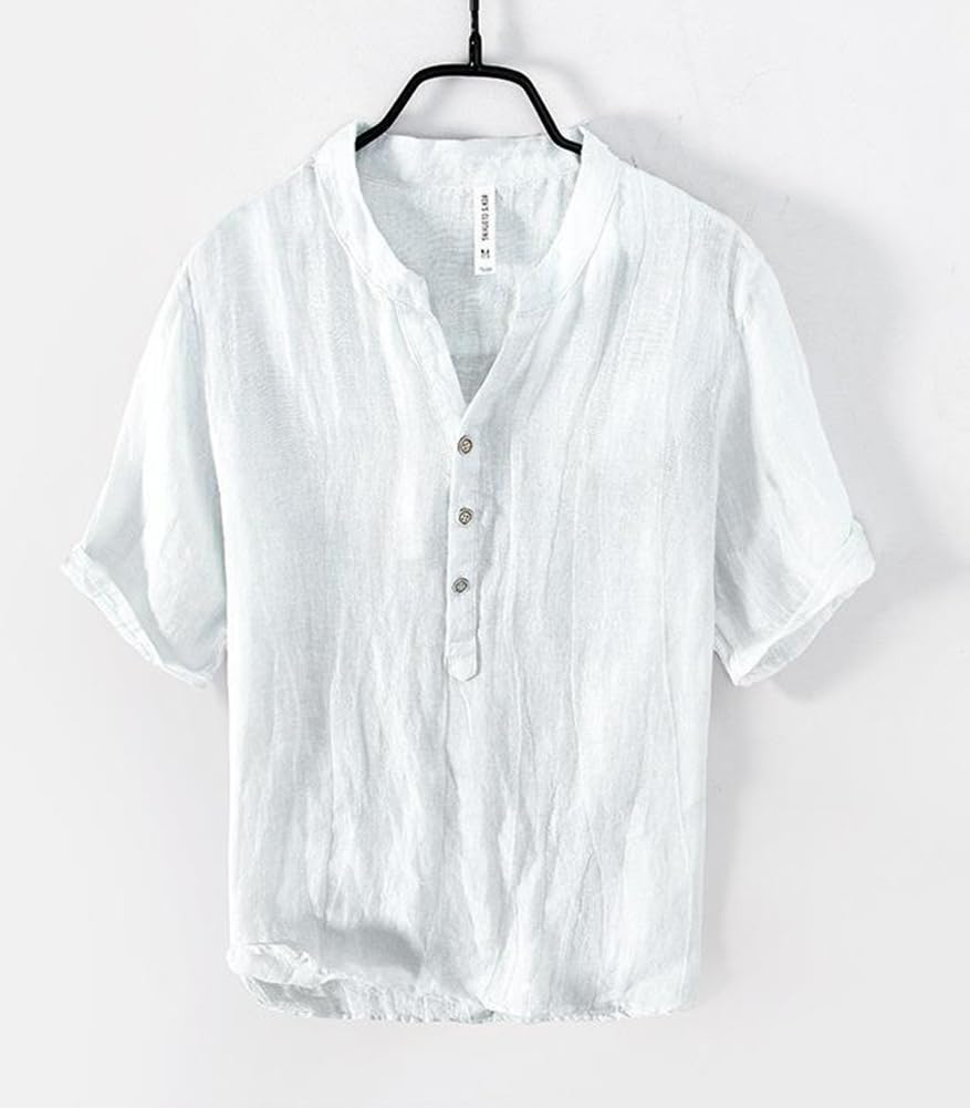 TASOGARA Summer Short Linen Plus Sizes Loose Solid Summer Top Men's T-Shirt, Sleeve, Moisture-Wicking, Quick-Drying, Shirt, Cotton-Linen, 3/4 Sleeves,