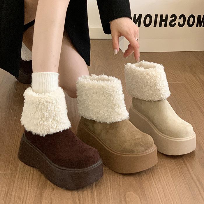 Women's soft elastic thick sole a foot stirrup winter fur one warm cold padded snow boots non-slip wear casual sports cotton boots