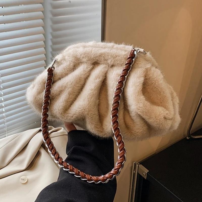 Pleated Design Faux Fur Shoulder Bags For Women Luxury Designer Purses And Handbags Winter Warm Soft Plush Hobo Bags