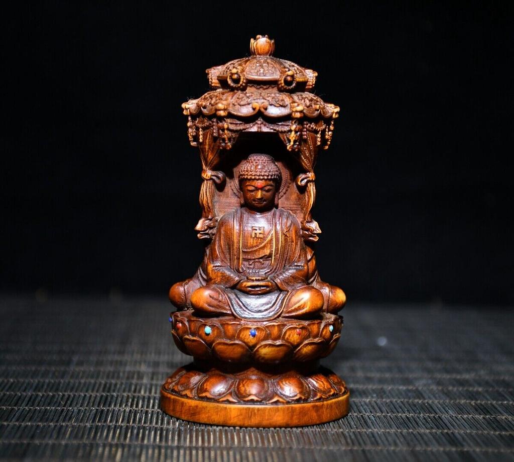 Small Antique Wood Carving Boxwood Wooden Sculpture Buddha Three Dharma Statue