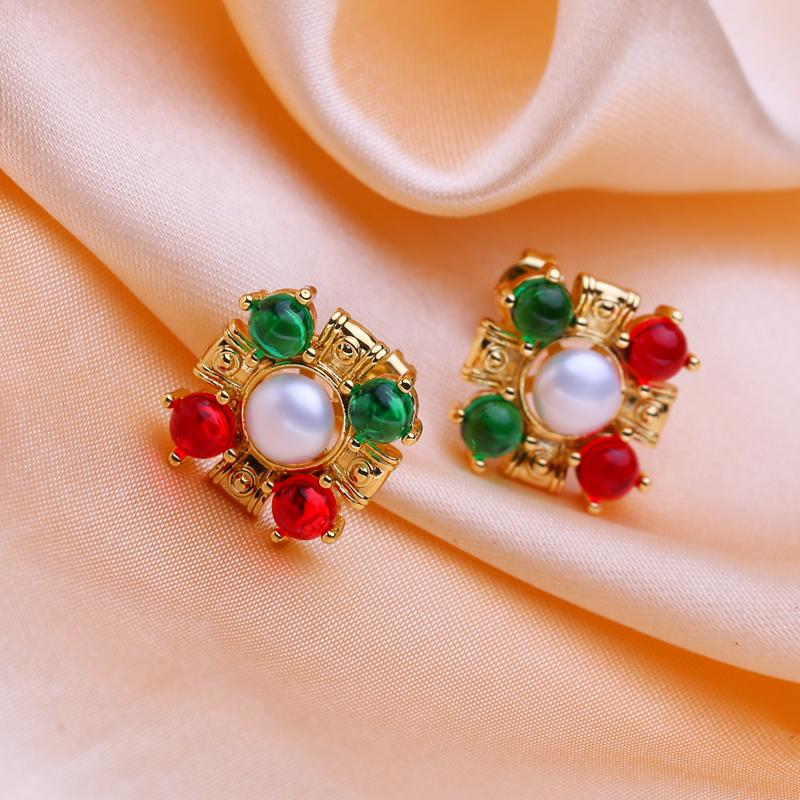 SENIKO Natural Freshwater Pearl Earrings For Women Fashion Gold Color Green and Red Flower Stud Earrings Party Jewelry