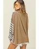 Azura Exchange Khaki Checkerboard Striped Patchwork Lantern Sleeve Pocketed Blouse