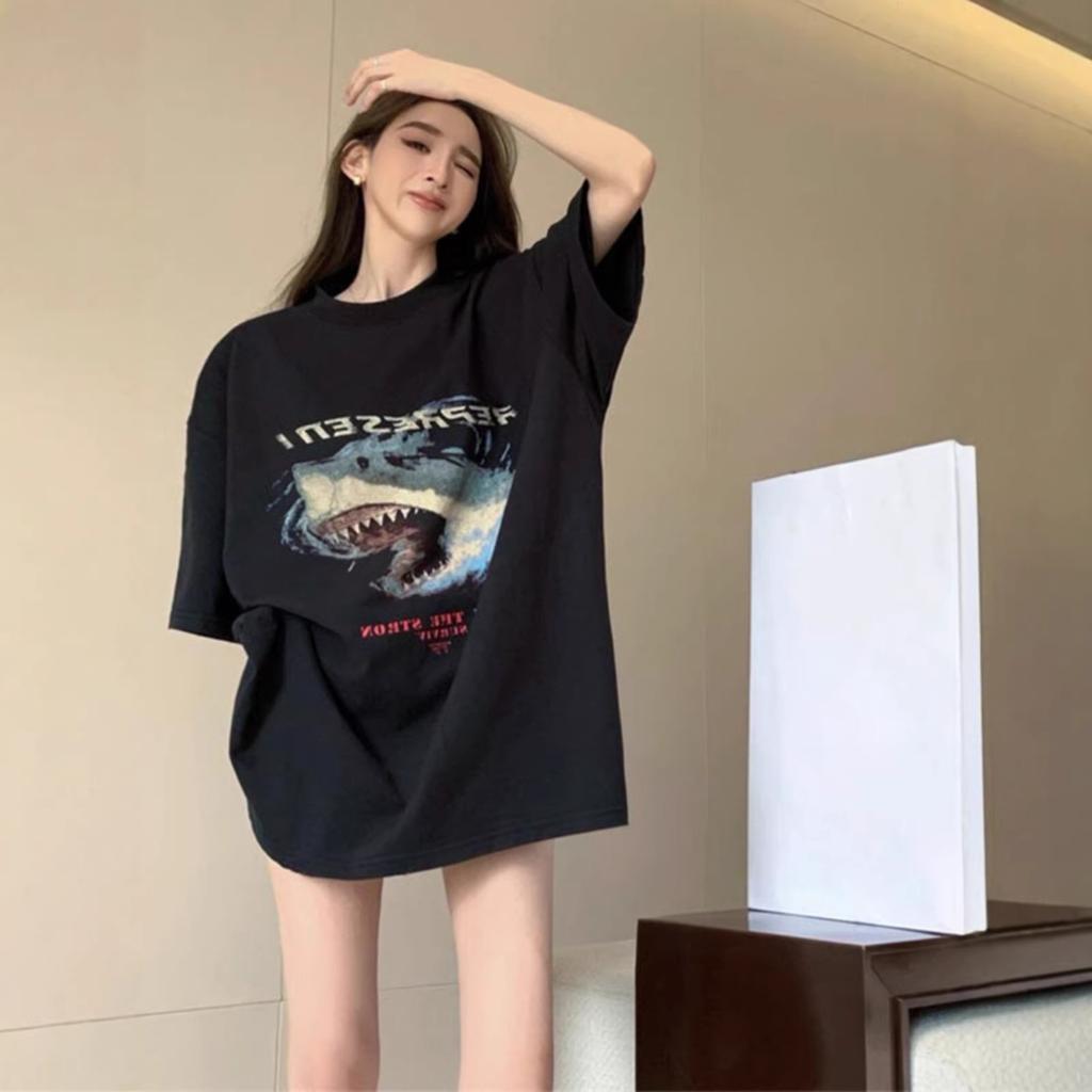 American retro Hong Kong flavor shark pure cotton short-sleeved T-shirt women's summer large size catties half-sleeved loose top tide