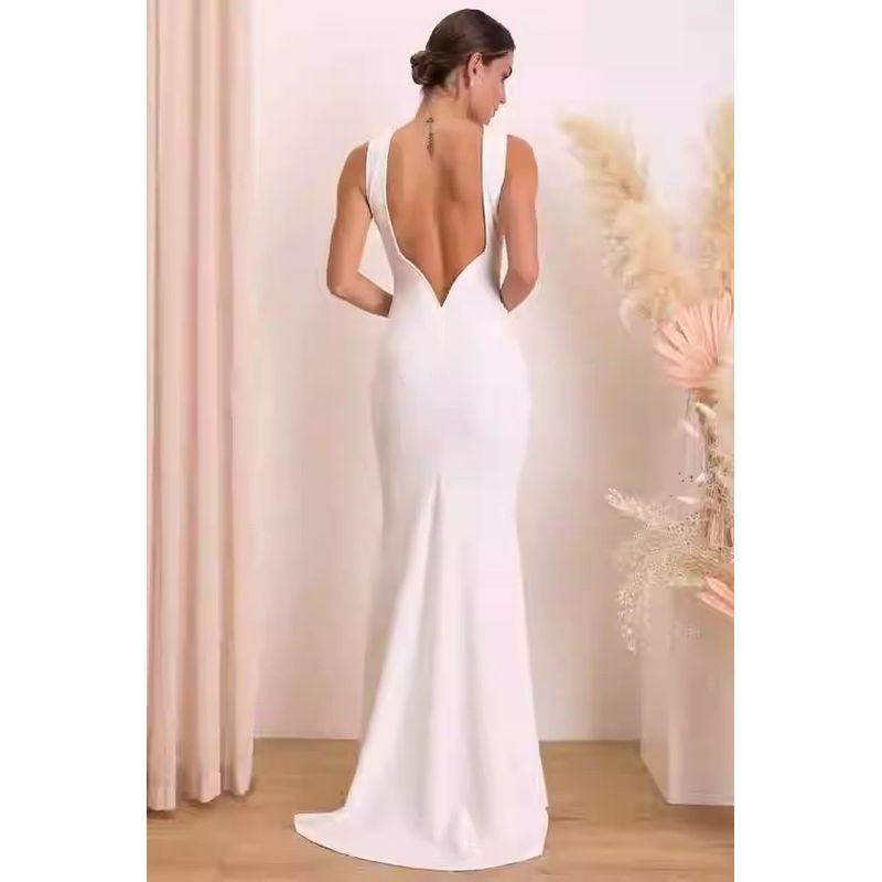 Foreign Trade Order Lu's New Simple Backless Sheath Fishtail White Light Wedding Dress Cocktail Party Formal Dress Dress