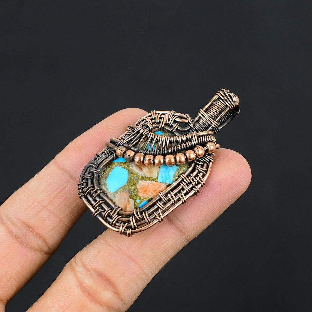 Copper Larimar Gemstone Pendant, 999 Copper Wire Wrapped Pendant Unique Design Jewelry, For Women