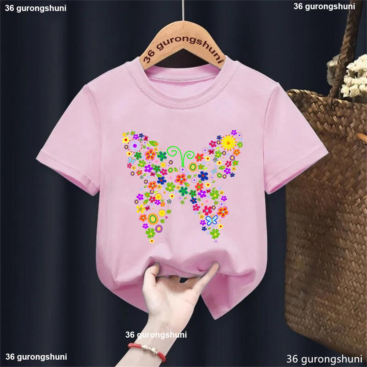 

Летняя Мода Цветная Футболка с Принтом Бабочки и Цветы для Девочек Kawaii Детская Одежда для Малышей Белая/Розовая/Черная/Красная/Синяя Футболка 100