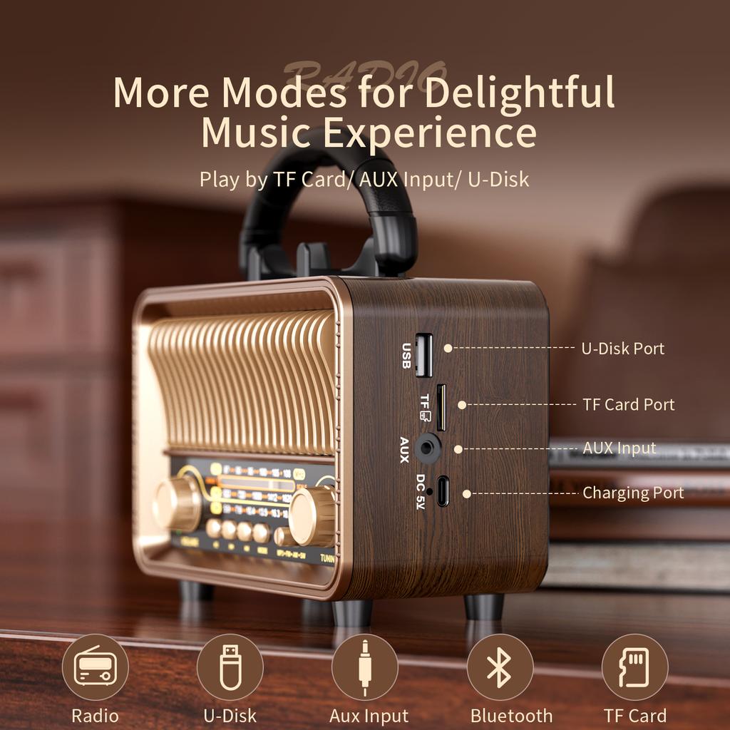 Retro AM FM SW Multi Band Radio Antique Design with Bluetooth Speaker TF/USB MP3 Player