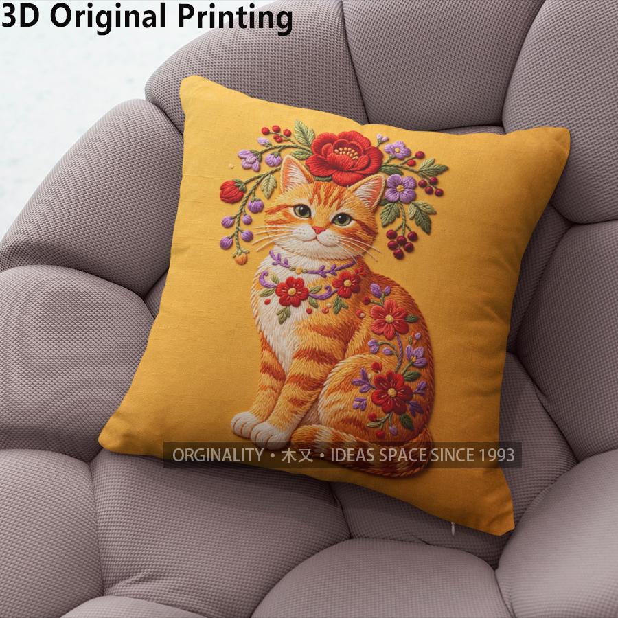 Vintage Embroidered Floral Orange Cat Throw Pillow Covers Pattern Cushion Cover Suitable For Sofa Bedroom Car Pillow Cover