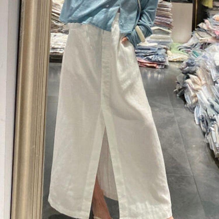 Damen Französischer Minimalistischer Weißer Leinen Midi-Rock - Elastischer Bund Slim-Fit Schlitz vorne Langer Rock für Sommer