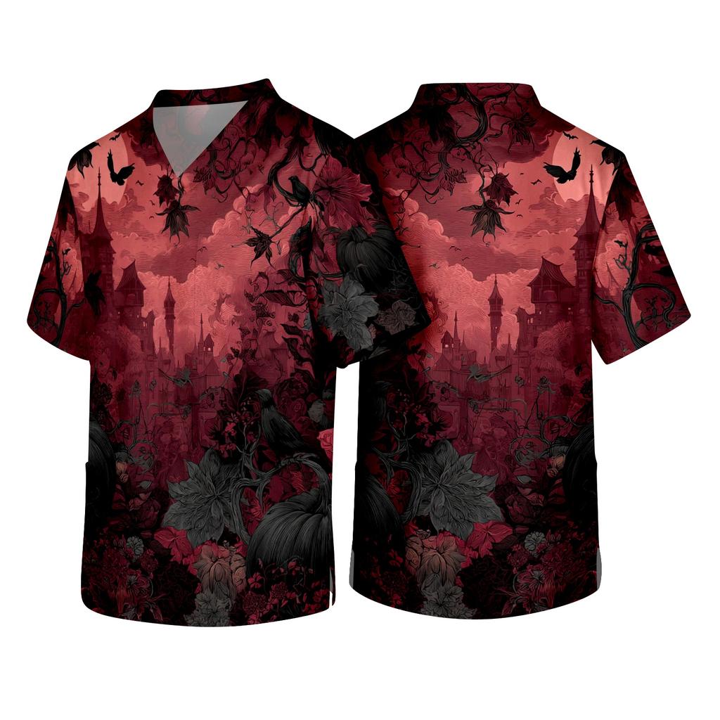 Men V Neck Short Sleeve Halloween Print Chest Pocket Scrub Top Comfortable Fit Soft Fabric Workwear Shirt