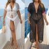 Summer Plus Size Lace Beach Cover Up Short Sleeve Pom Pom Trim Tie Front Kimono Cardigan
