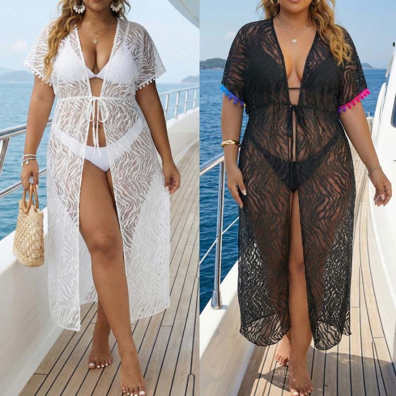 Summer Plus Size Lace Beach Cover Up Short Sleeve Pom Pom Trim Tie Front Kimono Cardigan
