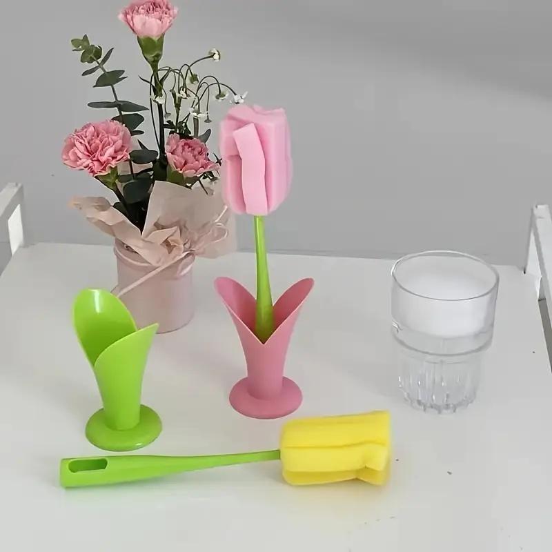 1 ks Kartáč na tulipánový pohár s odnímatelnou houbičkovou hlavou - Dlouhá rukojeť Čistič lahví a sklenic, Odolný plast, Ideální pro použití v kuchyni
