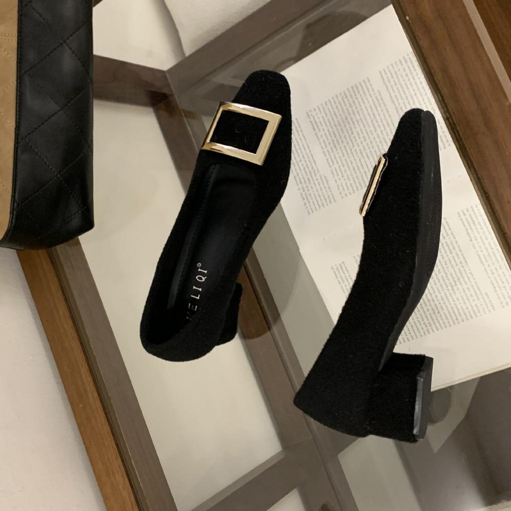 2025 Autumn and Winter New Round Head Thick Heel Metal Buckle Commuter Work Suede Women's Single Shoes