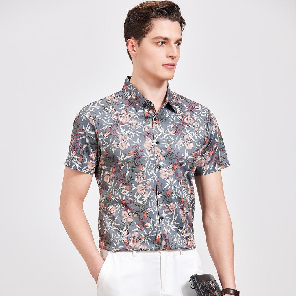 [Fashionable Casual Print] Short Sleeved Shirt with Mulberry Silk and Linen for Men In Summer, Skin Friendly and Breathable Half Sleeved Shirt