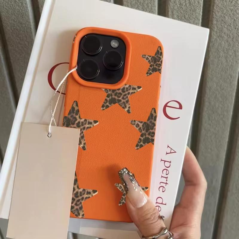 Leopard Print Stars Lychee Texture Phone Case For iPhone 17 Air 16 E 15 14 13 12 11 Pro Max Plus SE Soft Cover