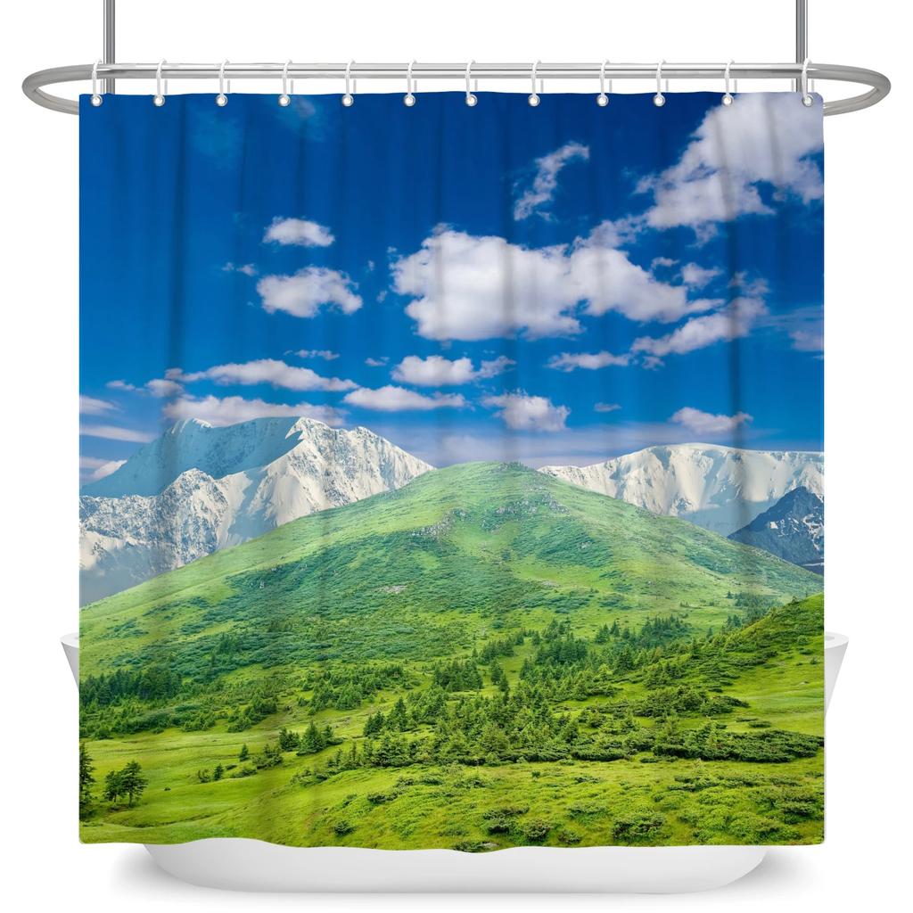 Natural Scenery Shower Curtain Blue Sky Grassland White Clouds 3D Printing Home Bathroom Decoration Waterproof Curtain With Hook