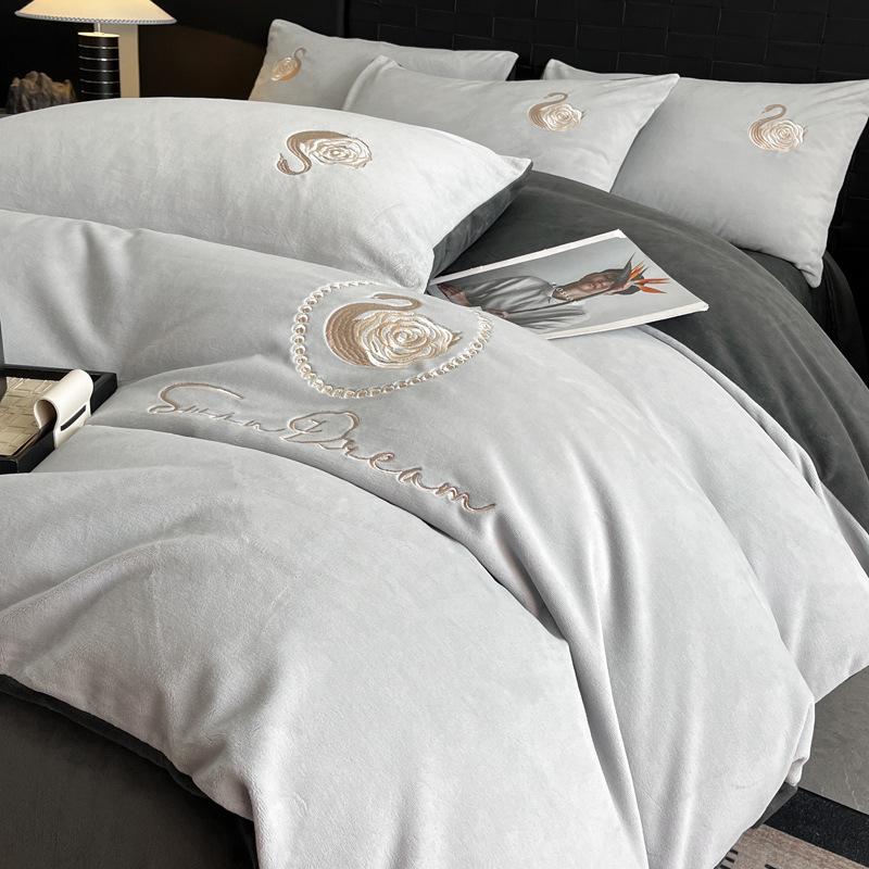 Thickened Milk Fleece Four-Piece Set, Coral Double-Sided Fleece Embroidered Crystal Fleece Quilt Cover, Bed Sheet, Bed Hat Three-Piece Set