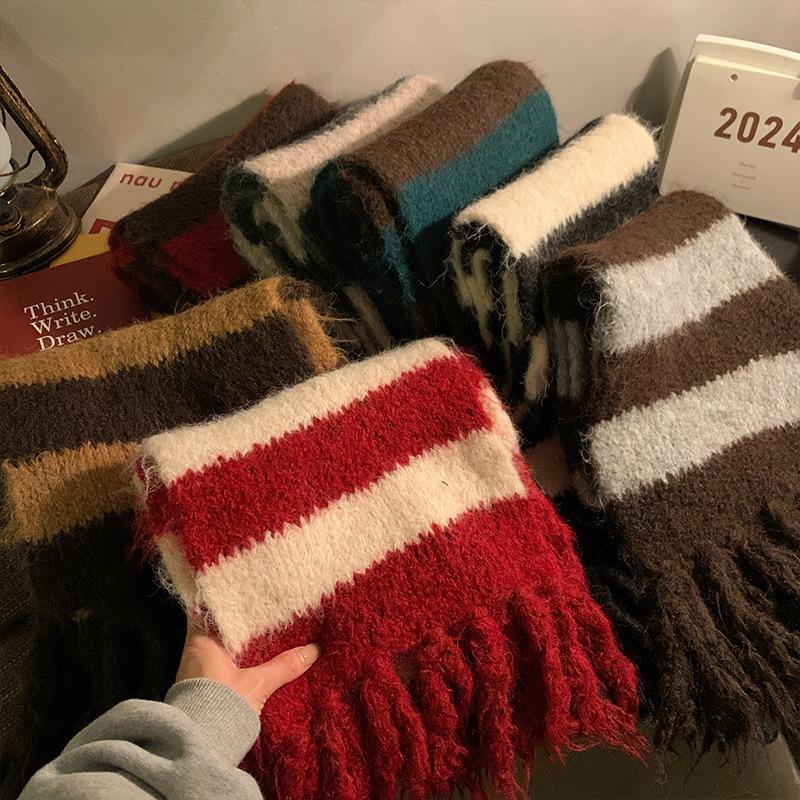 Korean Quality Striped Tassel Fashion Scarf Autumn and Winter All Match Warm Knitted Imitation Cashmere Scarf