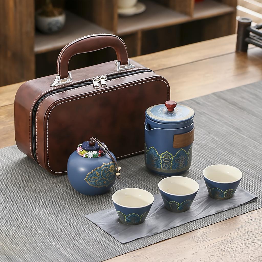 1 Set Travel Tea Set Portable Kung Fu Tea Set Ceramic Teapot Tea Canister Tea Cup Outdoor Quick Cup Tea Canister Leather Bag