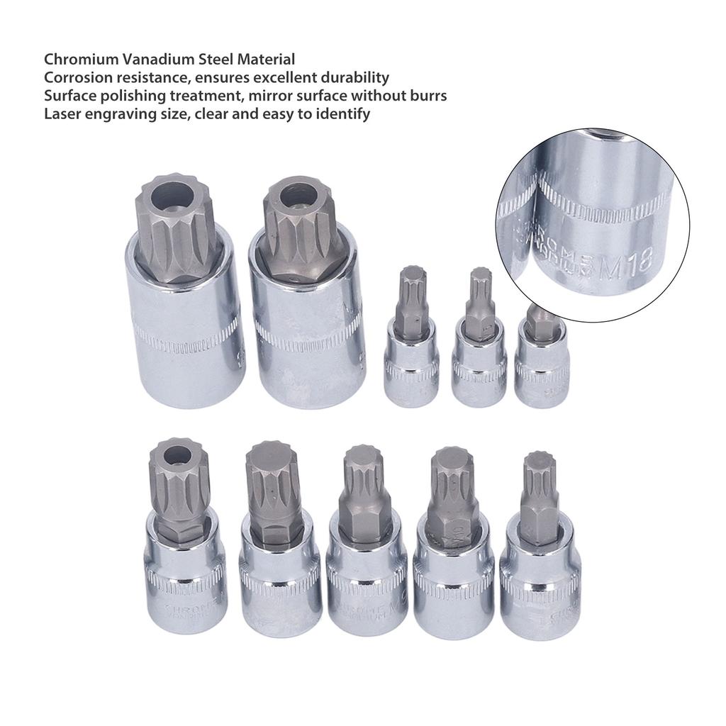 10 Pcs Triple Square Spline Bit Socket M4 To M18 1/4in 3/8in 1/2in Drive CR V Bit Socket Set with Storage Box