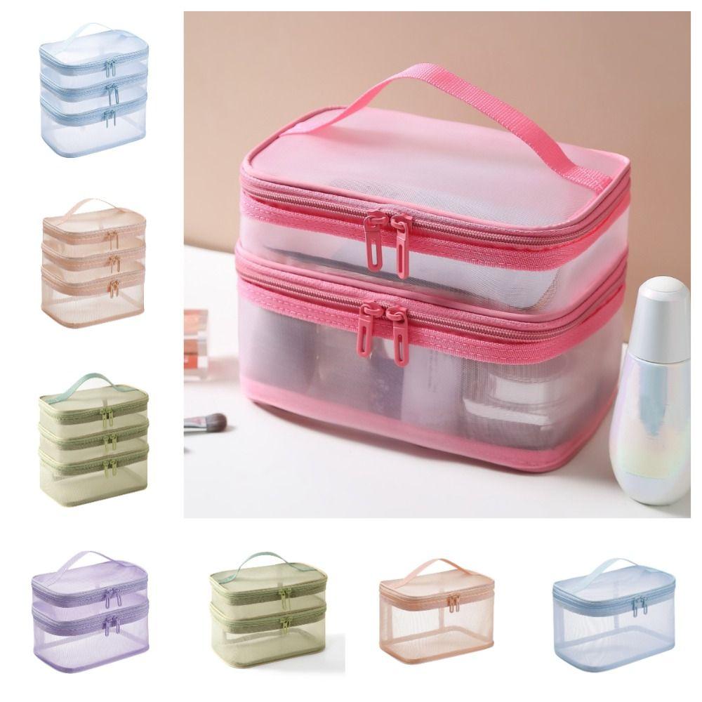 Trousse de Maquillage Sac de Rangement Cosmétiques 1/2/3 Couches Trousse de Maquillage Transparente Sacs Cosmétiques en Maille Voyage