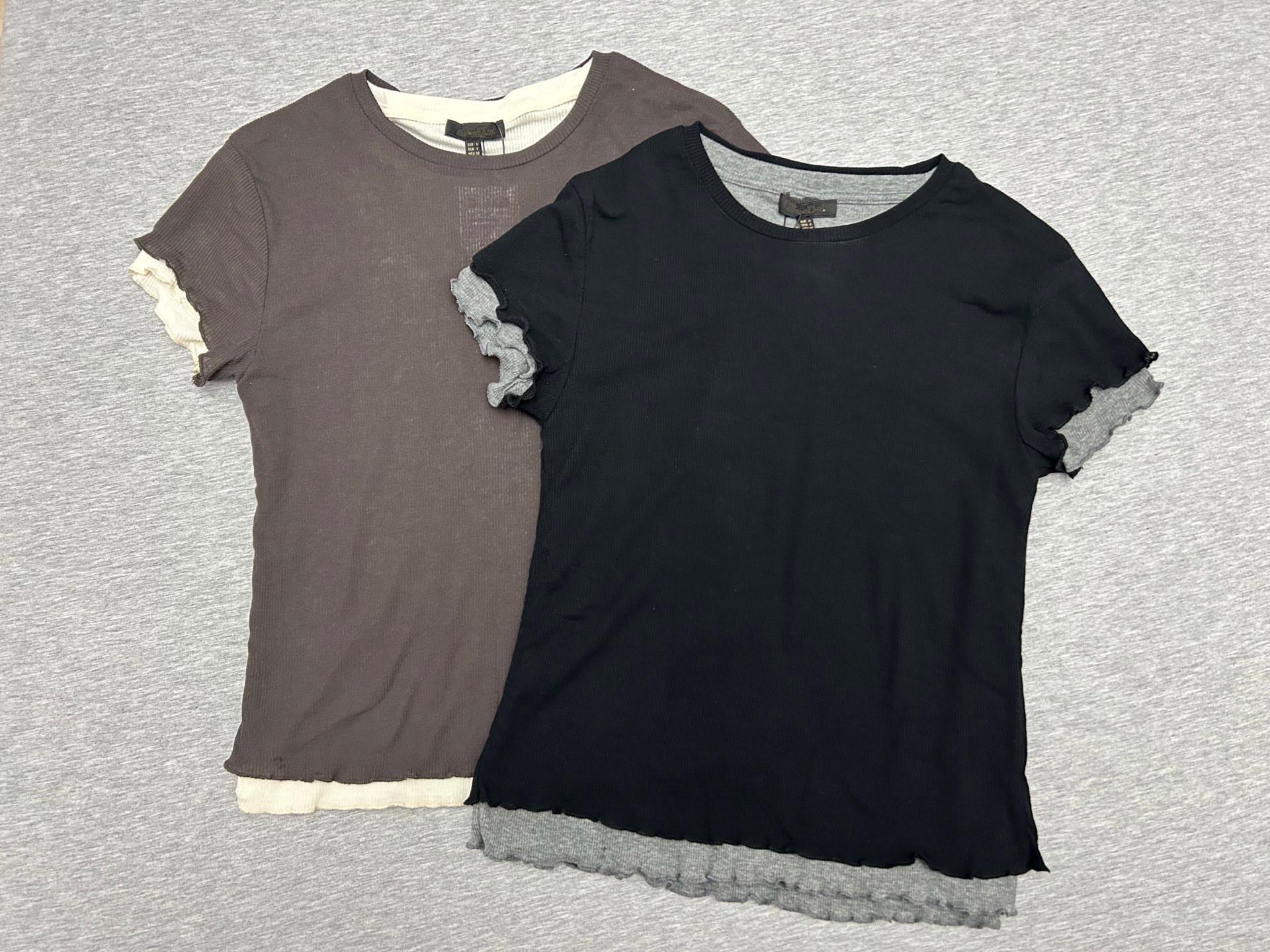 

Женская футболка с оборками, пэчворк, круглым вырезом и короткими рукавами на весну/лето 2025 Small кофейный/серый