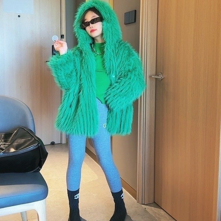 

Осень и зима легкая имитация норки вязаная рубашка с капюшоном меховая куртка свободная средней длины легкий роскошный стиль XL зелёный