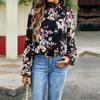 Autumn Women Blouse Floral Half High Neck Sleeve Lantern Tops Temperament Commuter Fashion