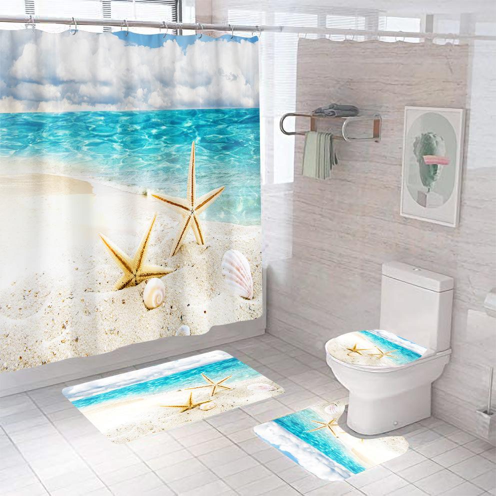 Bathroom Shower Curtain Four-piece Digital Printing Beach Shell Waterproof Shower Curtain Shower Curtain Partition Curtain Bath Mat