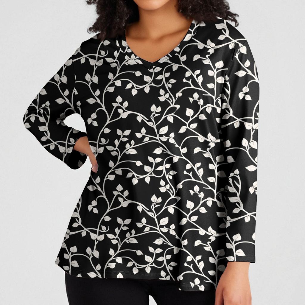 Women's Fashionable Casual Long Sleeved Plus Size Floral Print Top Plus Size Floral Print Top