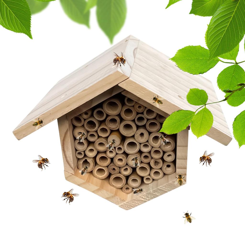 Handmade Wooden Hexagonal Ma-son Bee House With Tubes Natural Wooden Bee Hive Attracting Pollinating Bees For Yards Porches Lawn