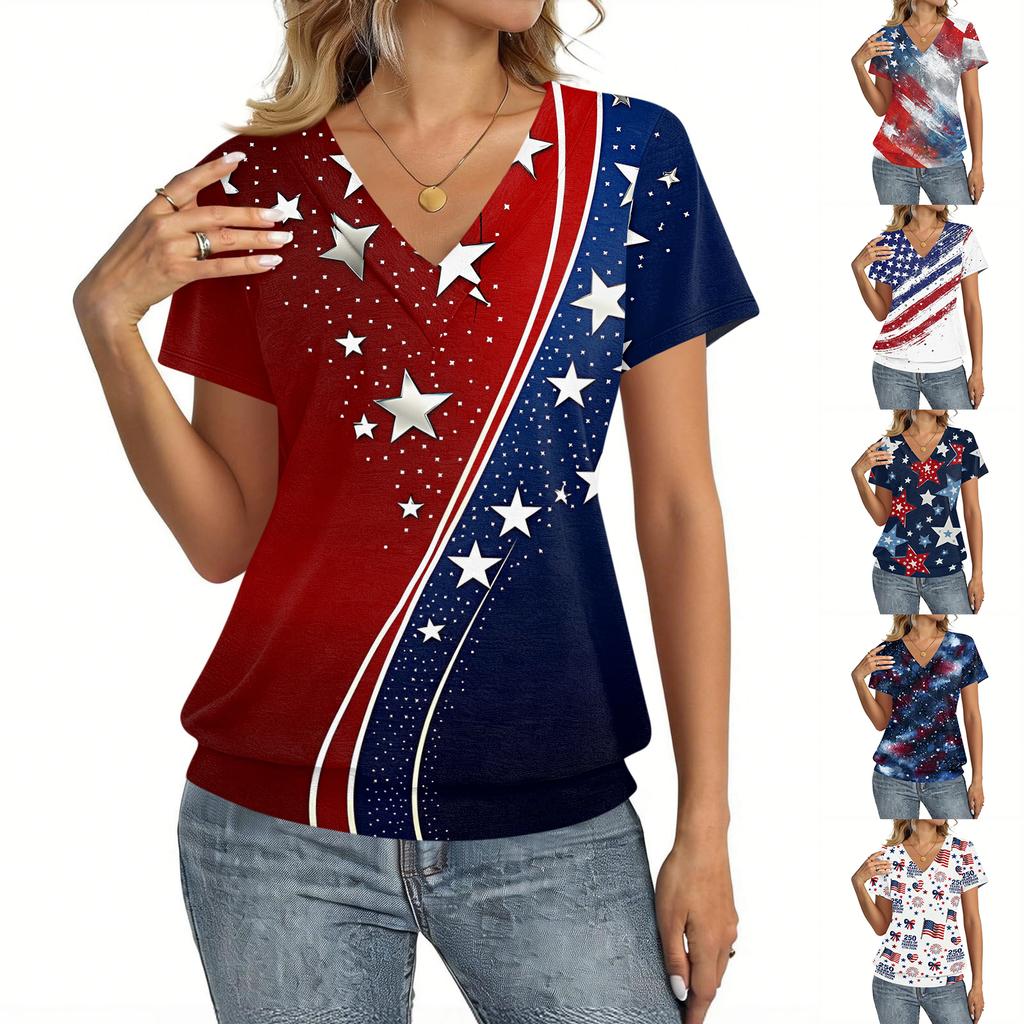 Women's Casual Short Sleeve V Neck Top American Flag Print Lightweight Summer Shirt Comfortable Fit