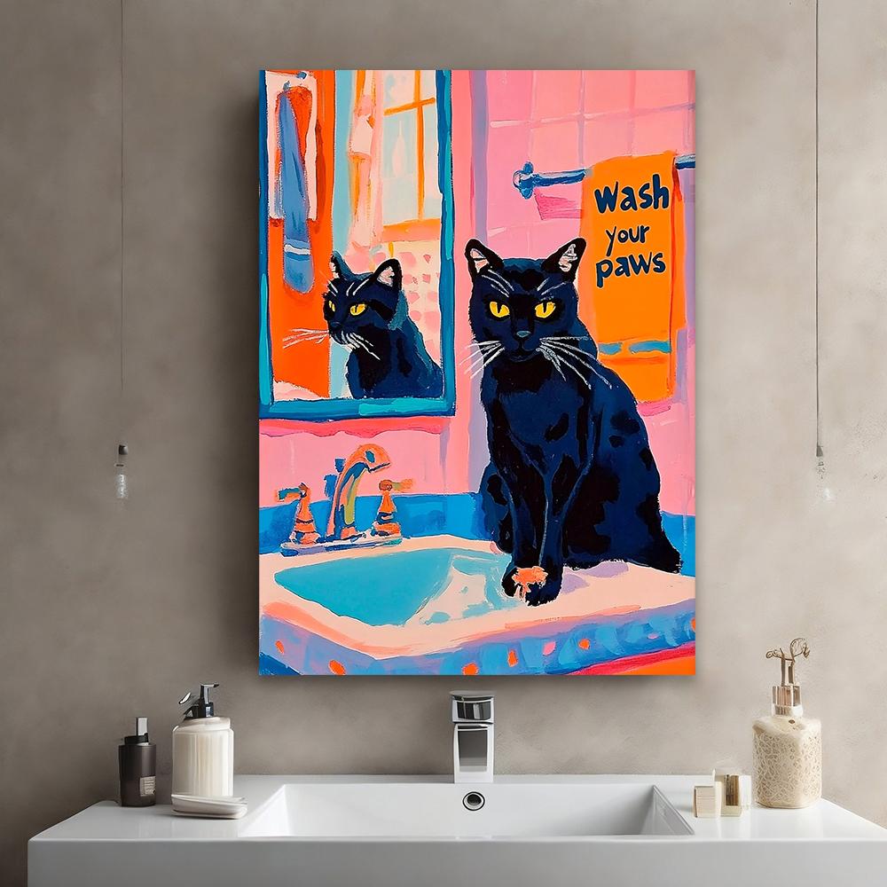 Maximalist Bathroom Cat Art Poster Wash Your Paws Quotes Prints Trendy Cat Poster Colorful Bathroom Art Canvas Painting Decor